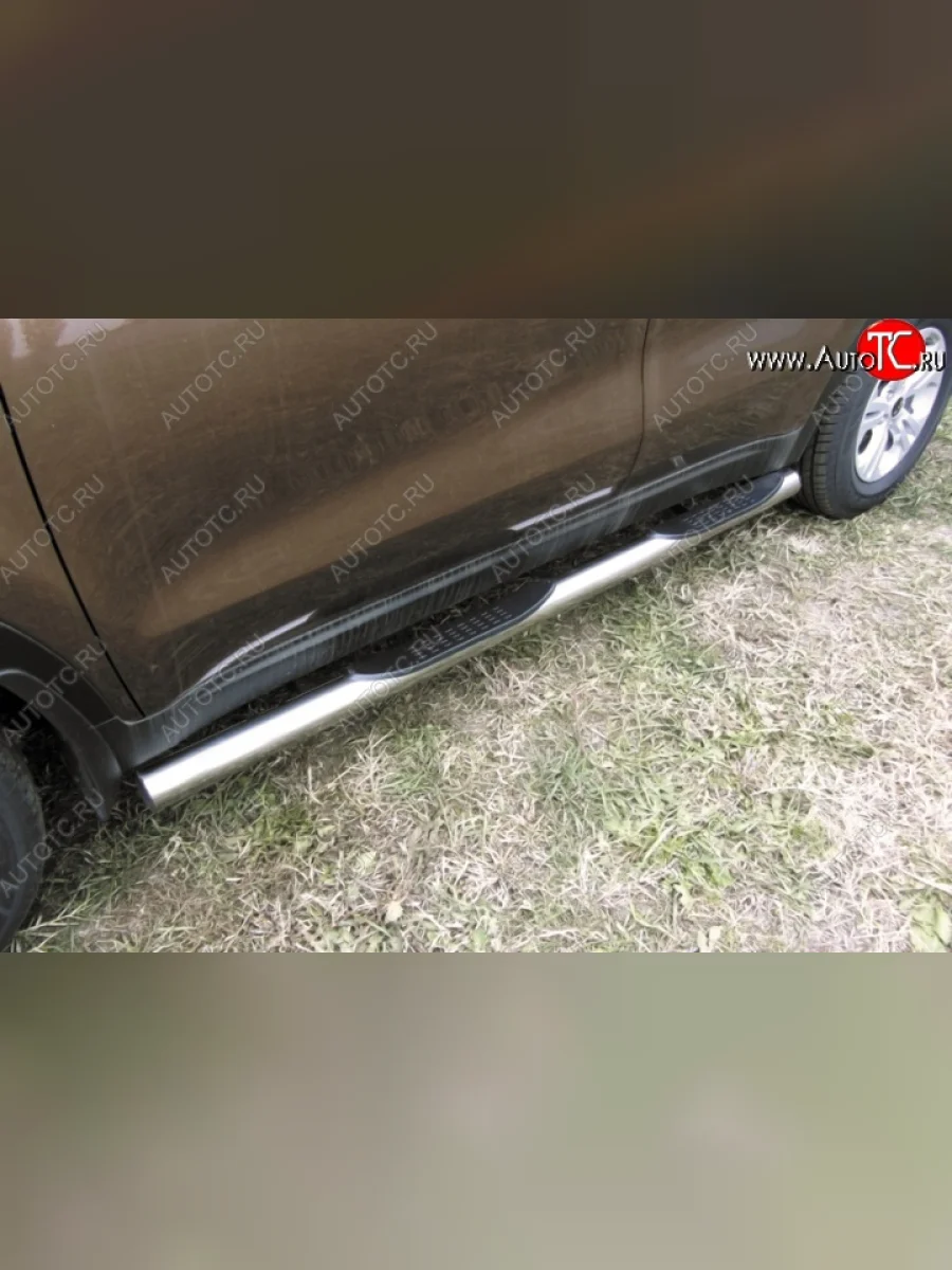Защита порогов с пластиковыми вставками для ног из круглой трубы диаметром 76 мм Slitkoff  KIA Sportage (2016-2018) 4 QL (Нержавейка, Полированная)  в Самаре Самарской области