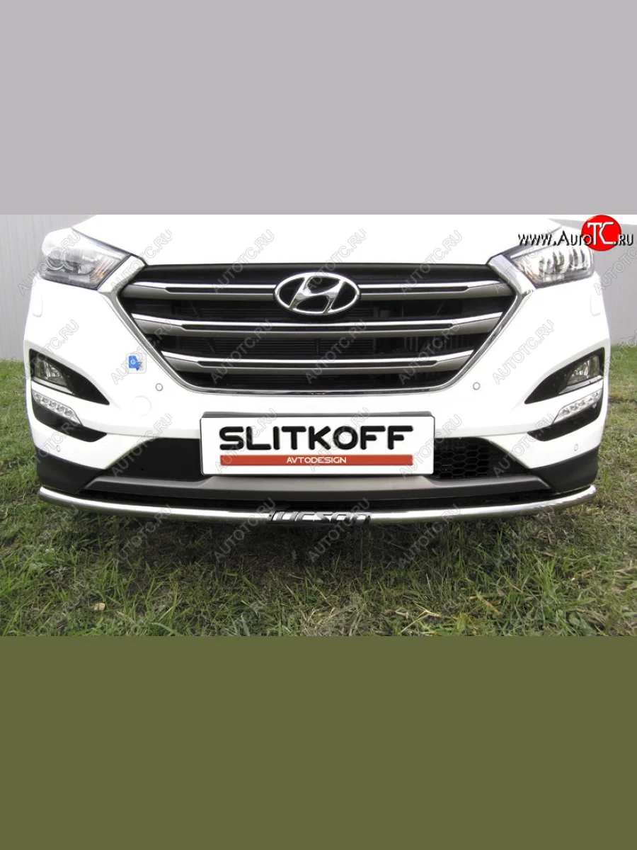 Одинарная защита переднего бампера диаметром 42 мм с надписью Slitkoff  Hyundai Tucson (2015-2018) TL (Нержавеющая сталь)  в Самаре Самарской области