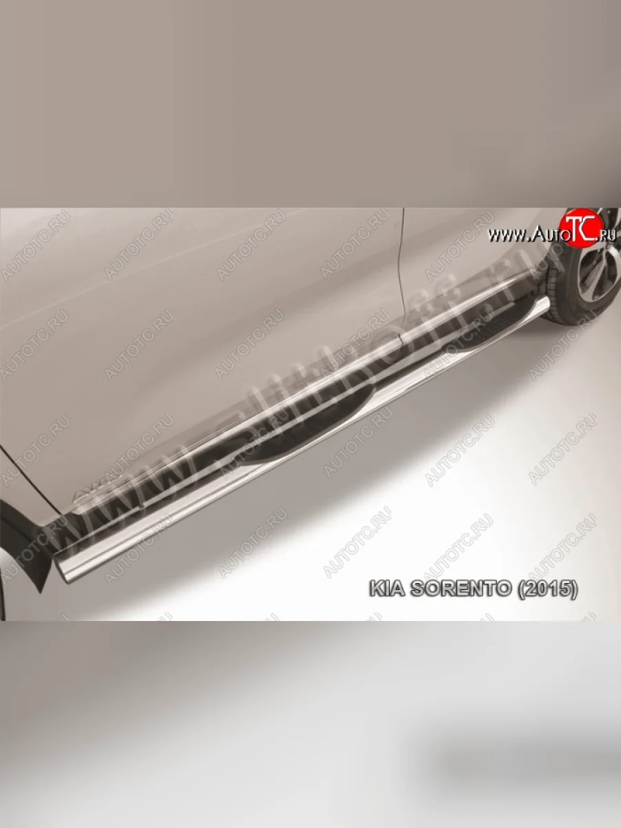 Защита порогов с пластиковыми вставками для ног из круглой трубы диаметром 76 мм Slitkoff KIA Sorento UM/Prime дорестайлинг (2014-2018) (Нержавейка, Полированная)  в Перми Пермском крае