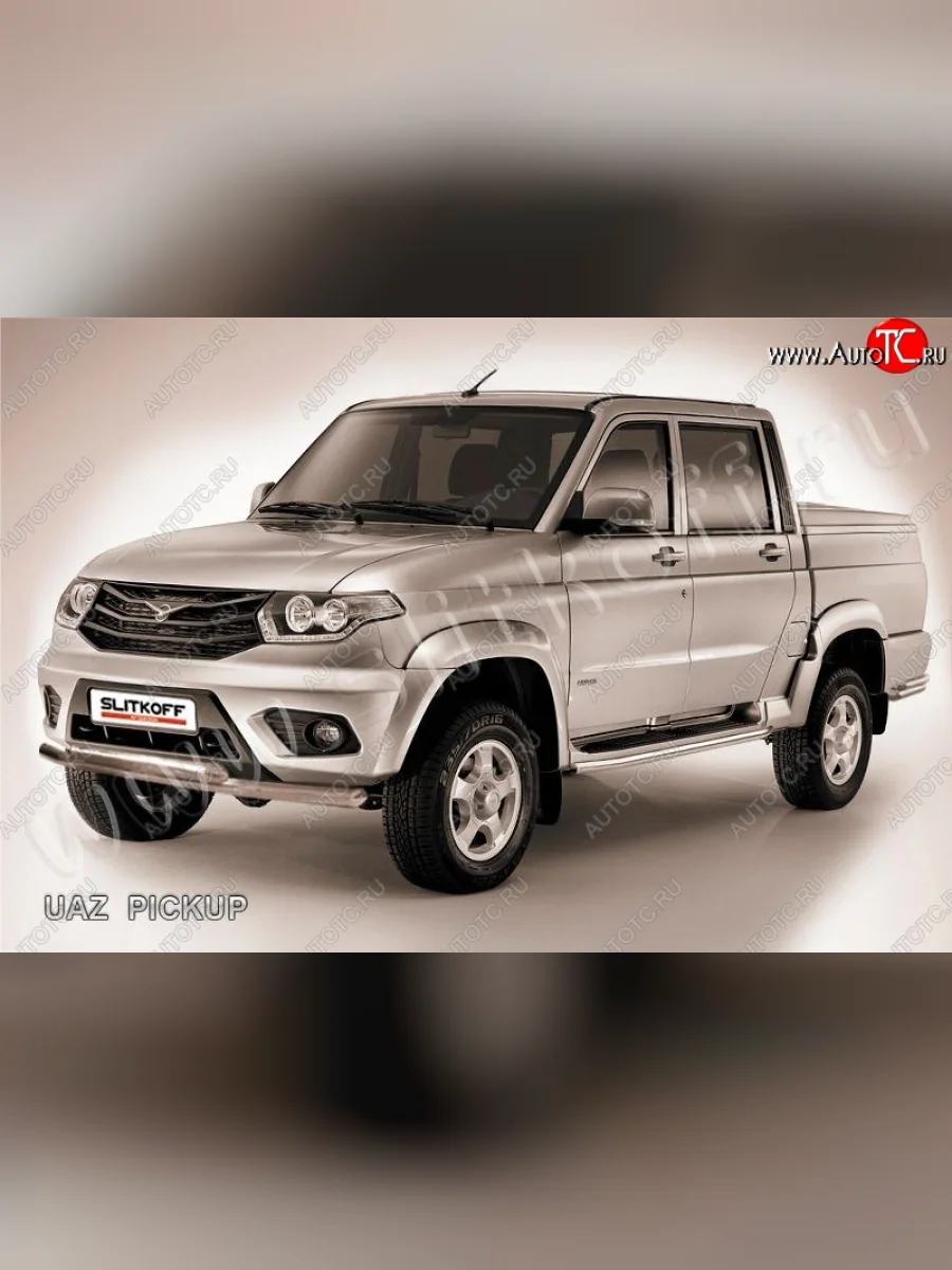 Двойная защита переднего бампера из труб диаметром по 57 мм Slitkoff  Уаз Патриот (2014-2025) 23632 (Цвет: нержавеющая полированная сталь)  с доставкой в г. Пермь