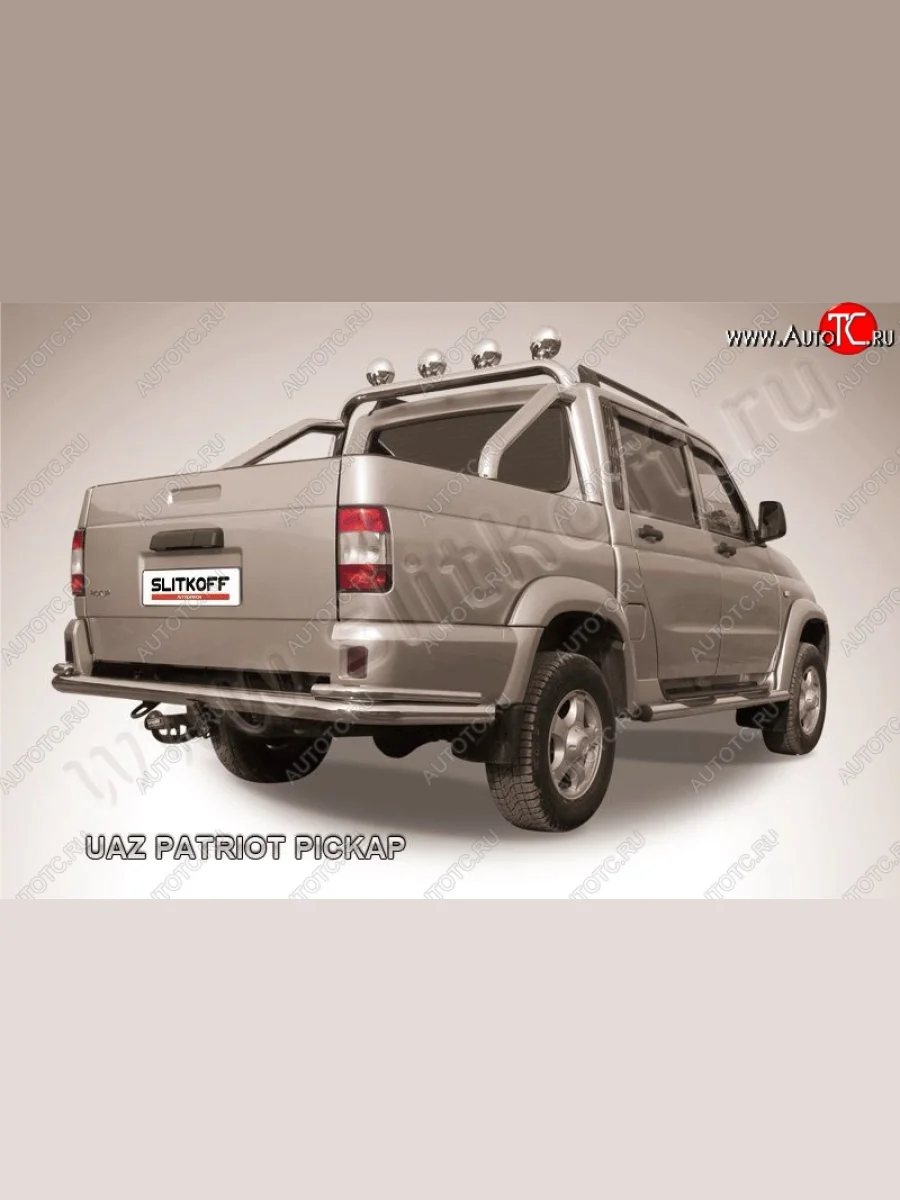 Защита заднего бампера из трубы диаметром 76 мм и боковых уголков диаметром 42 мм Slitkoff Уаз Патриот 23632 1 рестайлинг пикап (2014-2016) (Цвет: нержавеющая полированная сталь)  с доставкой в г. Керчь