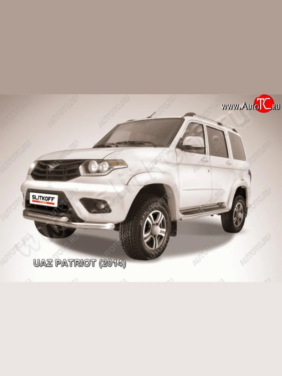 Двойная защита переднего бампера из труб диаметром 76 и 57 мм Slitkoff Уаз Патриот 3163 5 дв. 2-ой рестайлинг (2017-2025) (Цвет: нержавеющая полированная сталь)  в Самаре Самарской области