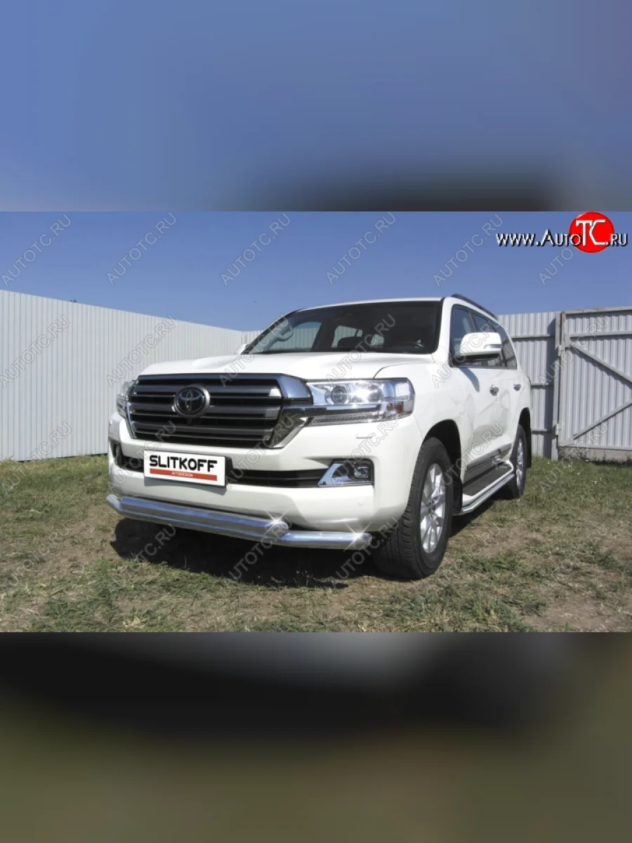 Двойная защита переднего бампера из труб диаметром по 76 мм Slitkoff  Toyota Land Cruiser (2015-2021) 200 (Цвет: нержавеющая полированная сталь)  с доставкой в г. Пермь