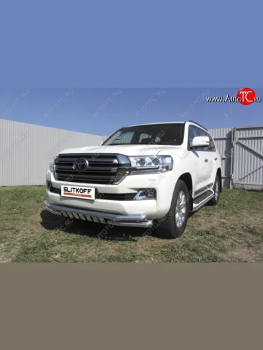 Защита переднего бампера из труб диаметрами по 57 мм с зубьями и боковыми уголками Slitkoff Toyota Land Cruiser  200 (2015-2021) 2-ой рестайлинг