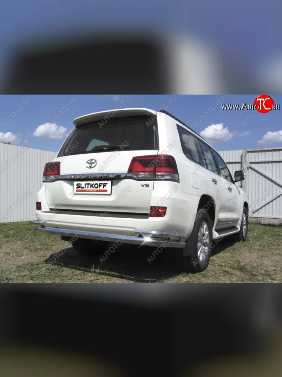 Защита заднего бампера из трубы диаметром 76 мм и боковых уголков диаметром 42 мм Slitkoff Toyota Land Cruiser 200 2-ой рестайлинг (2015-2021) (Цвет: нержавеющая полированная сталь)  в Самаре Самарской области