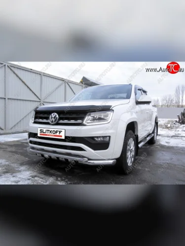 Защита переднего бампера из труб диаметрами по 76 мм с зубьями Slitkoff Volkswagen Amarok (2016-2022) рестайлинг
