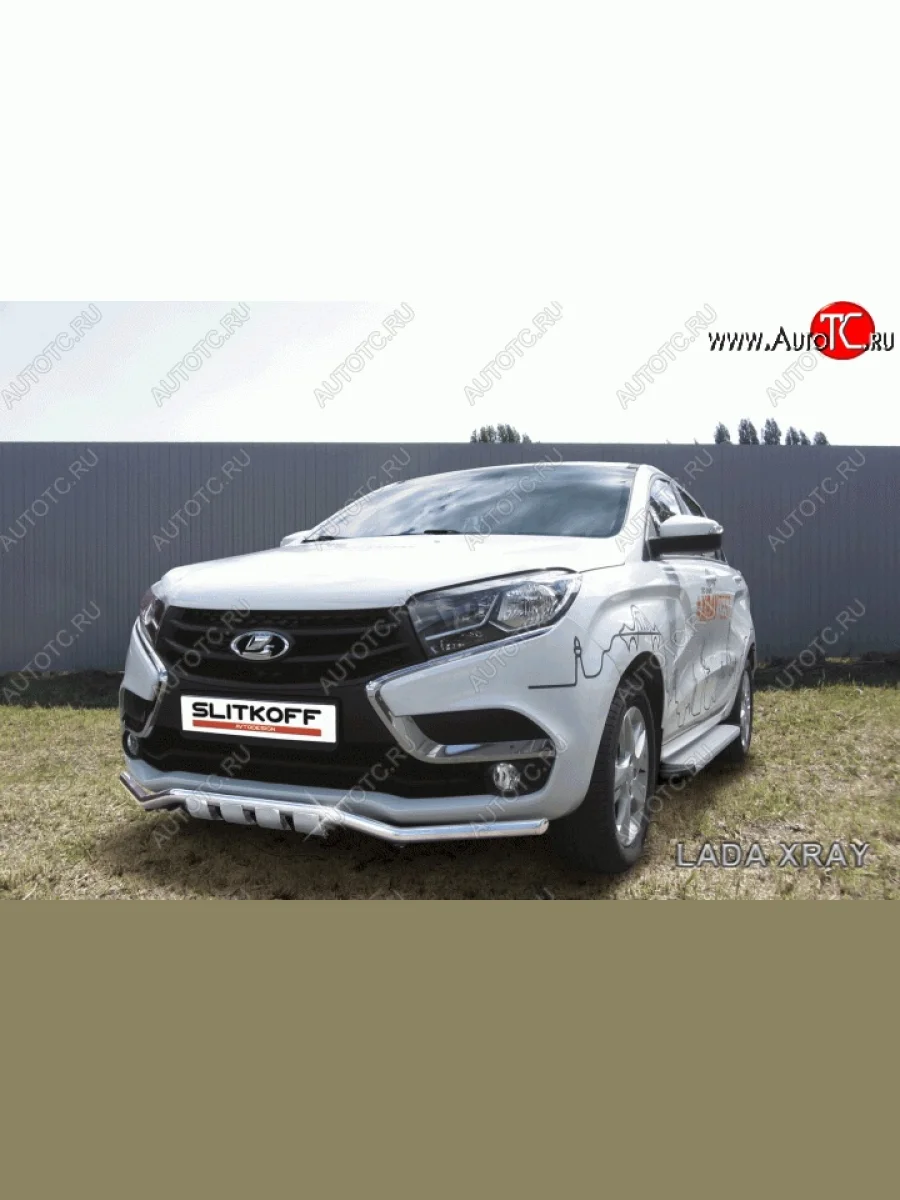 Защита переднего бампера из изогнутой трубы диаметром 42 мм Slitkoff  Лада ВАЗ XRAY (2016-2022) (Цвет: нержавеющая полированная сталь)  в Самаре Самарской области