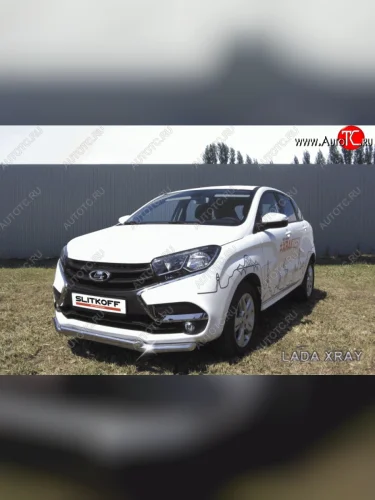 Защита переднего бампера Slitkoff (Ø 57+Ø 42, двойная). (Нержавеющая сталь) Лада ВАЗ XRAY (2016-2022)