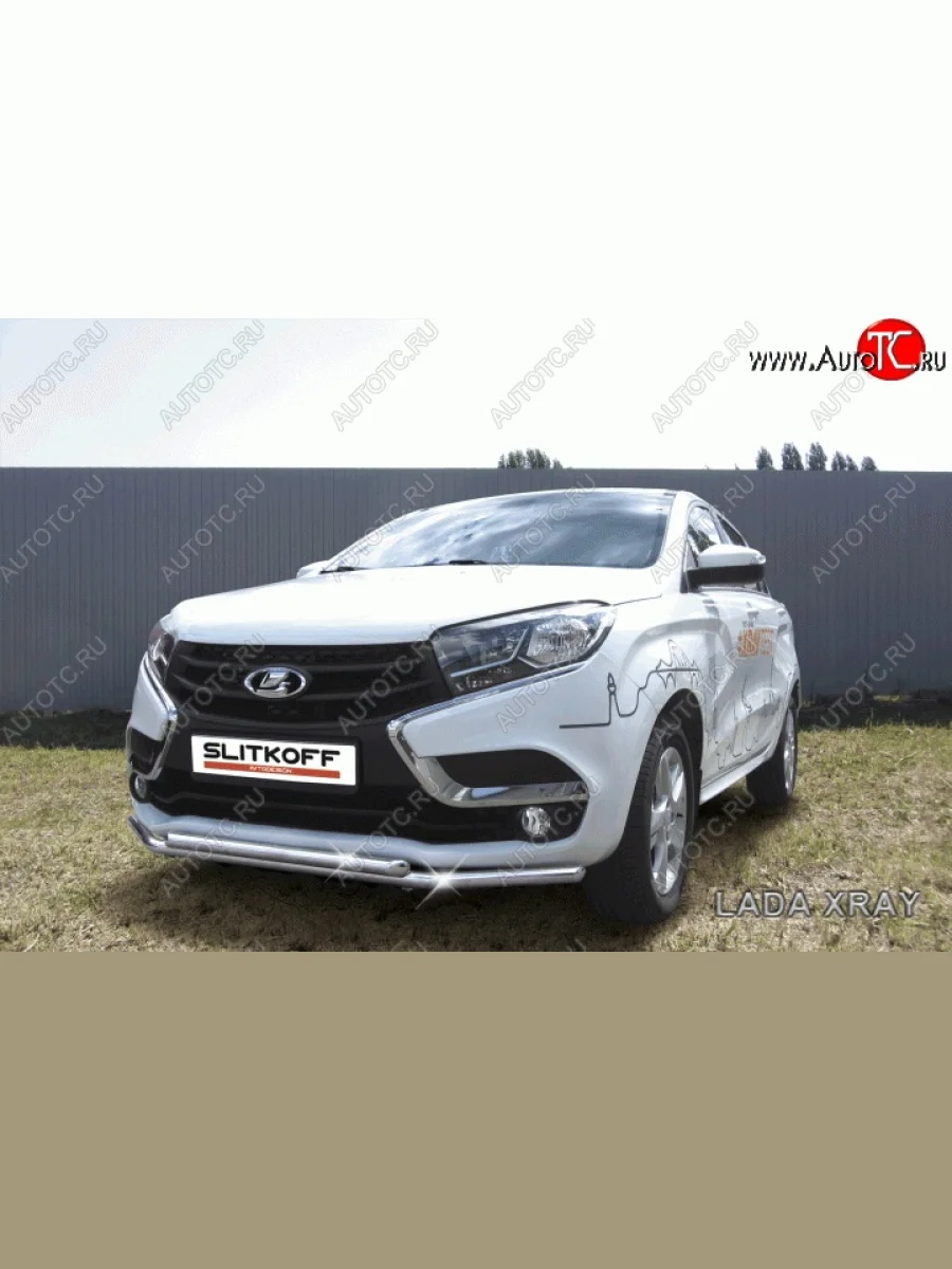 Защита переднего бампера Slitkoff (Ø 42+Ø 42, двойная). Лада ВАЗ XRAY (2016-2022) (Нержавеющая сталь)  в Керчи Республика Крым