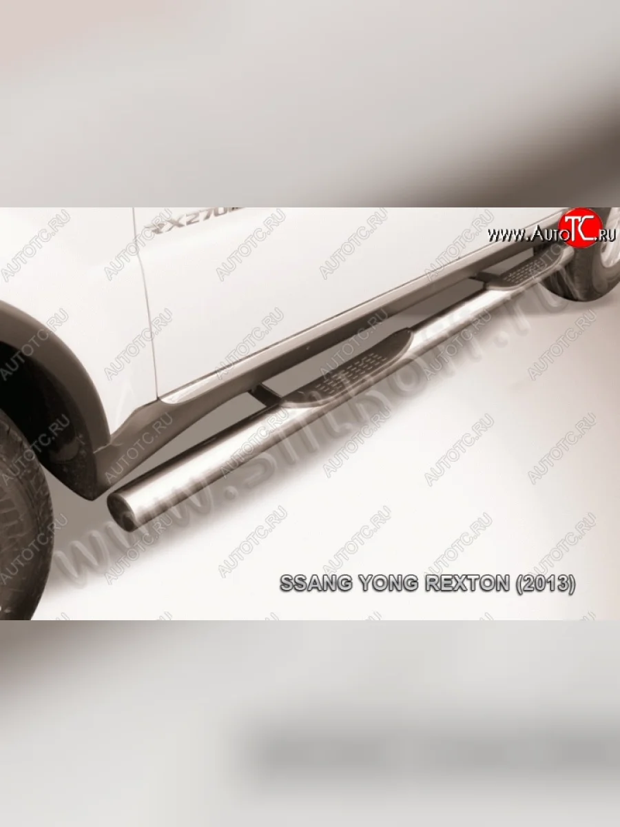 Защита порогов с пластиковыми вставками для ног из круглой трубы диаметром 76 мм Slitkoff SSANGYONG Rexton Y290 (2012-2017) (Цвет: нержавеющая полированная сталь)  с доставкой в г. Керчь