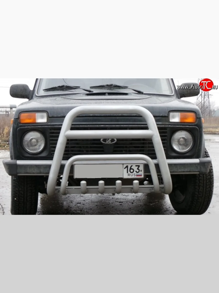 Защита переднего бампера (Ø63,5 мм высокая с перемычкой, с полимерным покрытием) Металл Дизайн Лада ВАЗ нива 4х4 2121 (Legend) 3 дв. 2-ой рестайлинг (2021-2025) (Цвет серебристый)  в Керчи Республика Крым