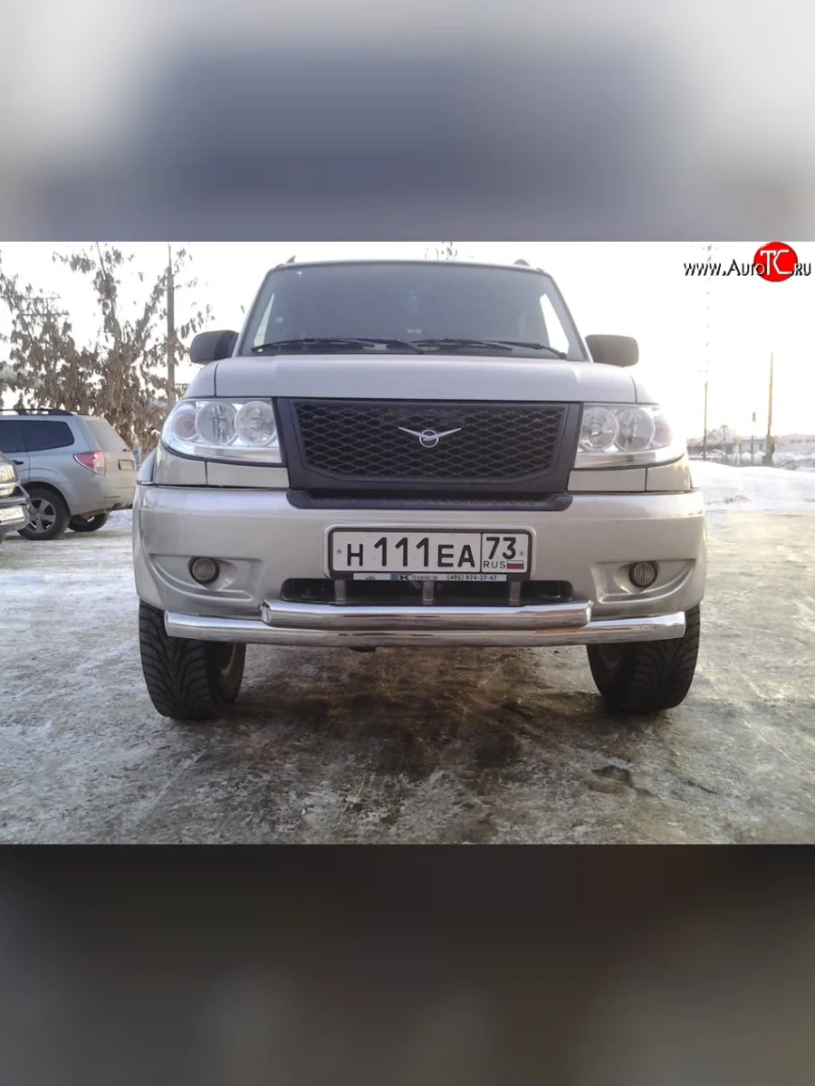 Двойная защита переднего бампера d63.5 мм Металл Дизайн  Уаз Патриот (2005-2013) 3163 5 дв. (Сталь с покрытием, цвет серебристый)  с доставкой в г. Керчь