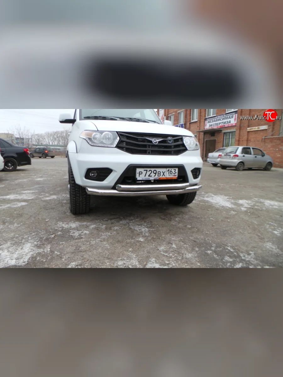 Двойная защита переднего бампера d63.5 мм Металл Дизайн Уаз Патриот 3163 5 дв. 2-ой рестайлинг (2017-2025) (Сталь с покрытием в серебристый цвет)  в Самаре Самарской области