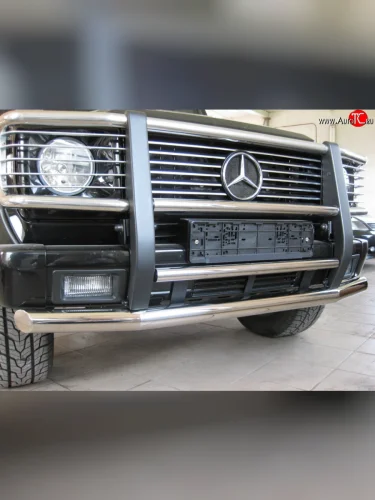 Защита переднего бампера (2 трубы Ø63 и 42 мм, нержавейка) SLITKOFF Mercedes-Benz G class  W463 (1989-1994) 5 дв. дорестайлинг