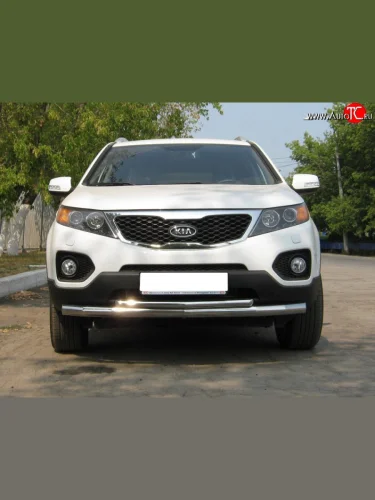 Защита переднего бампера (2 трубы Ø63 и 42 мм, нержавейка) SLITKOFF KIA Sorento  XM (2009-2012) дорестайлинг