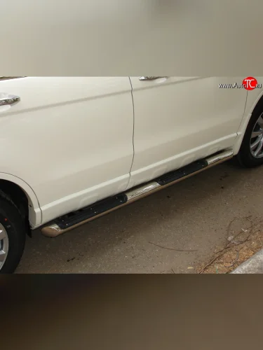 Защита порогов Russtal из трубы d76 мм с пластиковыми вставками для ног Honda CR-V RE1,RE2,RE3,RE4,RE5,RE7 рестайлинг (2009-2012)