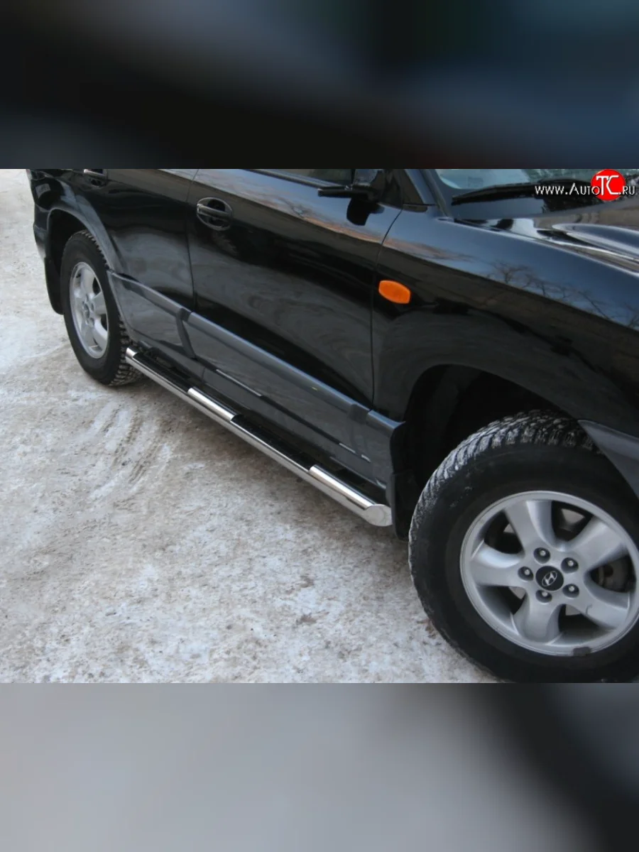 Защита порогов Russtal из трубы d76 мм с пластиковыми вставками для ног Hyundai Santa Fe SM (2000-2012) (Защита порогов с со скосами на торцах (вариант 1))  в Перми Пермском крае