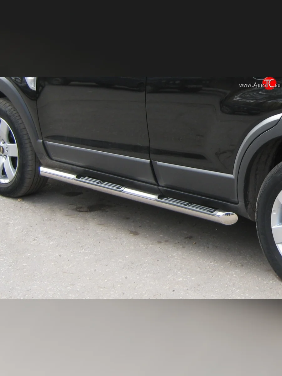 Защита порогов Russtal из трубы d76 мм с пластиковыми вставками для ног Chevrolet Captiva  дорестайлинг (2006-2011) (Защита порогов с со скосами на торцах (вариант 1))  в Самаре Самарской области