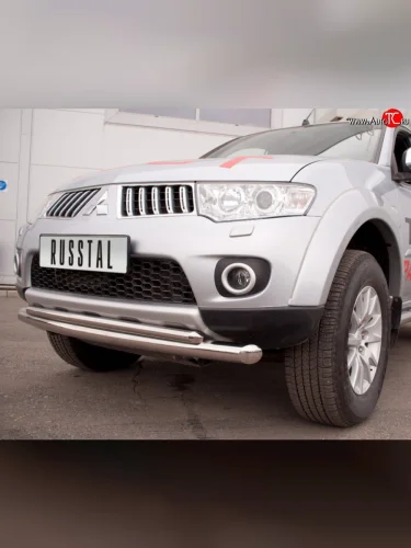 Защита переднего бампера (2 трубыØ76 и 63 мм, нержавейка) SLITKOFF Mitsubishi Pajero Sport  PB (2008-2013) дорестайлинг