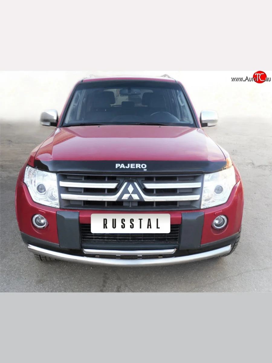 Защита переднего бампера (2 трубыØ76 и 42 мм, нержавейка) SLITKOFF  Mitsubishi Pajero (2006-2011) 4 V90, 4 V80  в Самаре Самарской области