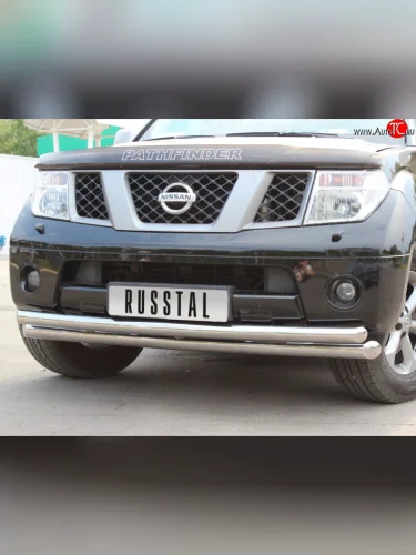 Защита переднего бампера (2 трубыØ76 и 63 мм, нержавейка) SLITKOFF Nissan Pathfinder  R51 (2004-2007) дорестайлинг