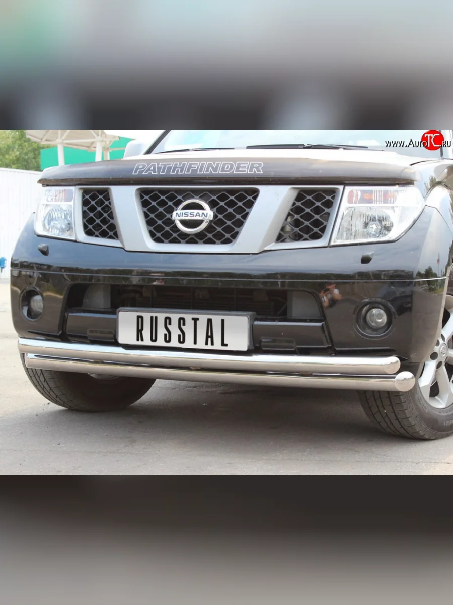 Защита переднего бампера (2 трубыØ76 и 63 мм, нержавейка) SLITKOFF Nissan Pathfinder R51 дорестайлинг (2004-2007)  в Самаре Самарской области