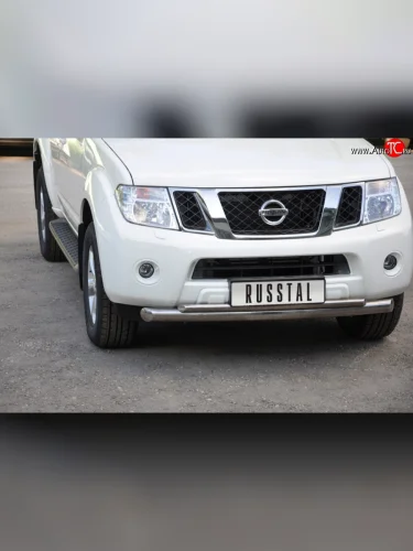 Защита переднего бампера (2 трубыØ76 и 42 мм, нержавейка) SLITKOFF Nissan Pathfinder  R51 (2004-2007) дорестайлинг
