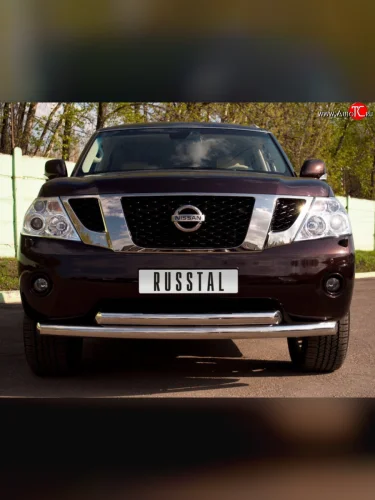 Защита переднего бампера (2 трубыØ76 мм, нержавейка) SLITKOFF Nissan Patrol 6 Y62 дорестайлинг (2010-2014)
