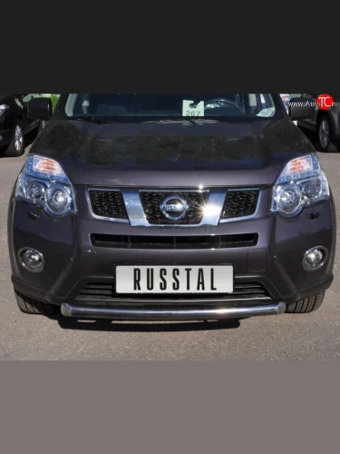 Одинарная защита переднего бампера Russtal диаметром 76 мм Nissan X-trail 2 T31 рестайлинг (2010-2015)