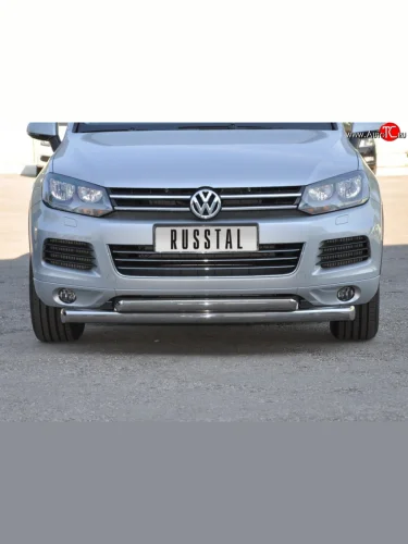 Защита переднего бампера (2 трубыØ76 и 63 мм, нержавейка) SLITKOFF Volkswagen Touareg  2 NF (2010-2014) дорестайлинг