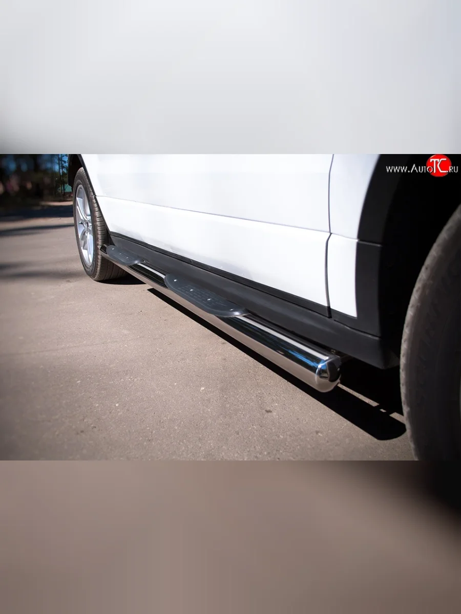 Защита порогов с пластиковыми вставками для ног SLITKOFF из круглой трубы с закругленными торцами диаметром 76 мм (Dynamic) Land Rover Range Rover Evoque 1 L538 дорестайлинг 5 дв. (2011-2015)  в Самаре Самарской области
