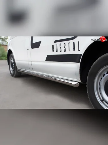 Левая защита порогов SLITKOFF из круглой трубы со скошенными торцами диаметром 63 мм Volkswagen Transporter  T5 (2003-2009) дорестайлинг