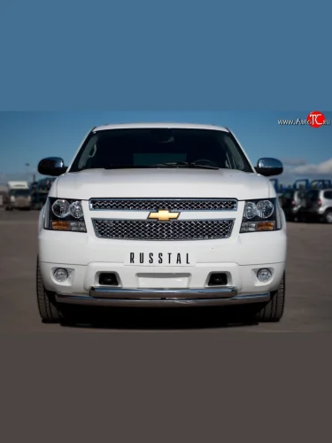 Защита переднего бампера (2 трубыØ76 мм, нержавейка) SLITKOFF Chevrolet Tahoe  GMT900 (2006-2013) 5 дв.