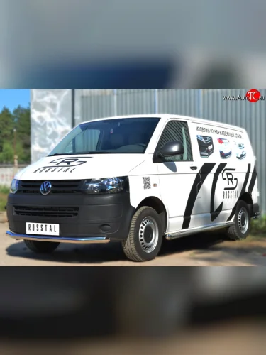 Левая защита порогов из круглой трубы диаметром 63 мм Russtal Volkswagen Transporter T6 дорестайлинг (2015-2019)
