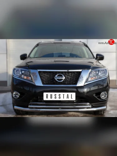 Защита переднего бампера (2 трубыØ63 и 42 мм, нержавейка) SLITKOFF Nissan Pathfinder R52 дорестайлинг (2012-2017)
