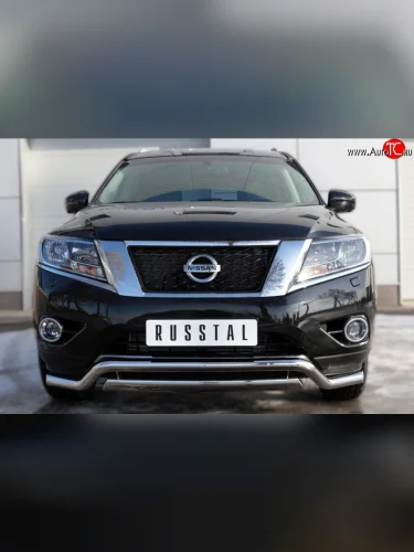 Защита переднего бампера (2 трубыØ63 и 75х42 мм, нержавейка) Russtal Nissan Pathfinder R52 дорестайлинг (2012-2017)