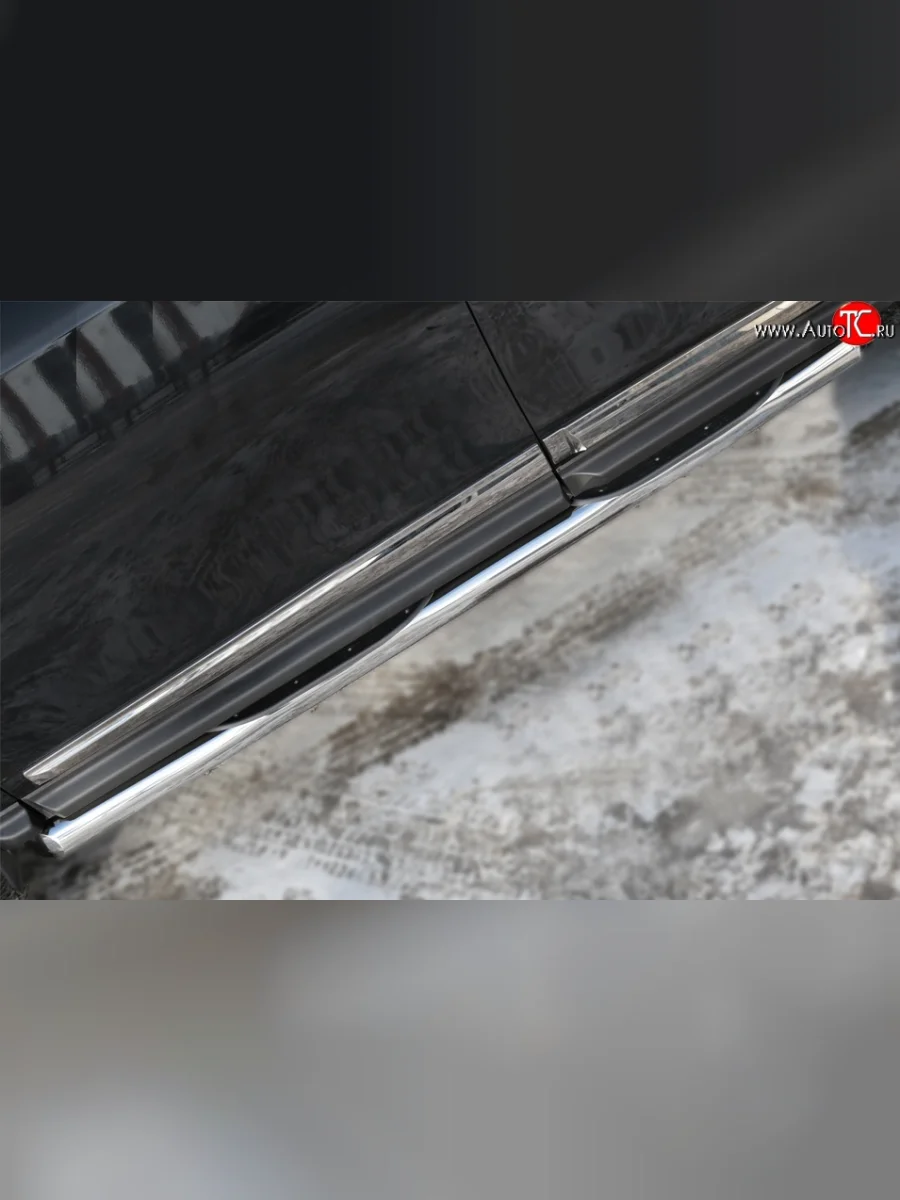 Защита порогов с пластиковыми вставками для ног из круглой трубы диаметром 76 мм Russtal Nissan Pathfinder R52 дорестайлинг (2012-2017) (Защита порогов с со скосами на торцах (вариант 1))  в Керчи Республика Крым