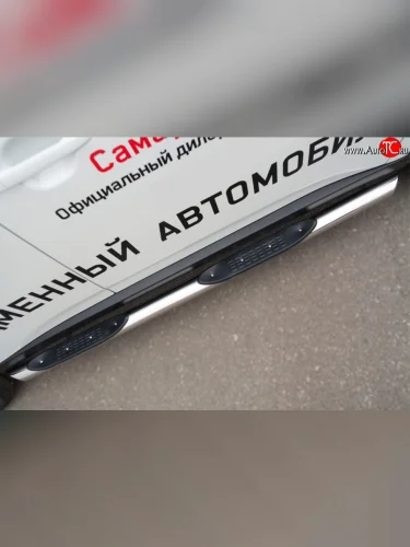 Защита порогов с пластиковыми вставками для ног из круглой трубы диаметром 76 мм (рестайлинг) Russtal Mitsubishi Outlander  GF (2014-2016) 1-ый рестайлинг