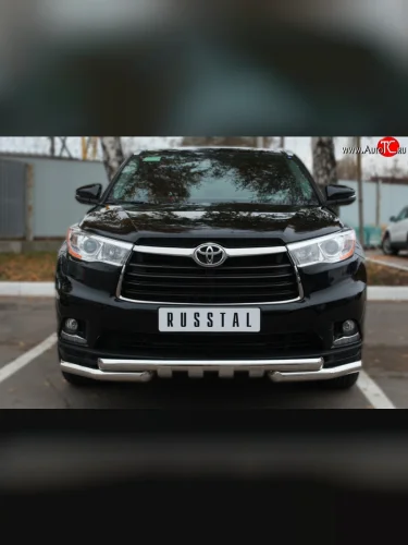 Защита переднего бампера (2 трубы Ø63 мм с зубами, нержавейка) SLITKOFF Toyota Highlander  XU50 (2013-2017) дорестайлинг