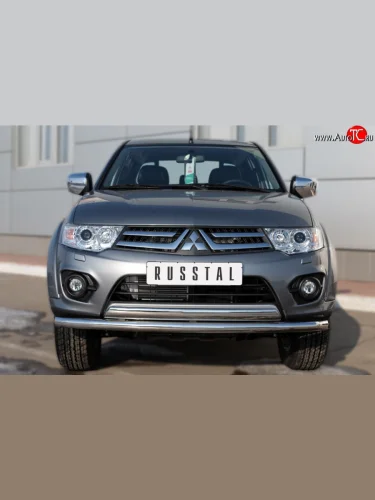 Защита переднего бампера (2 трубы Ø63 и 75х42 мм, нержавейка) Russtal Mitsubishi L200 5 KK,KL дорестайлинг (2015-2019)