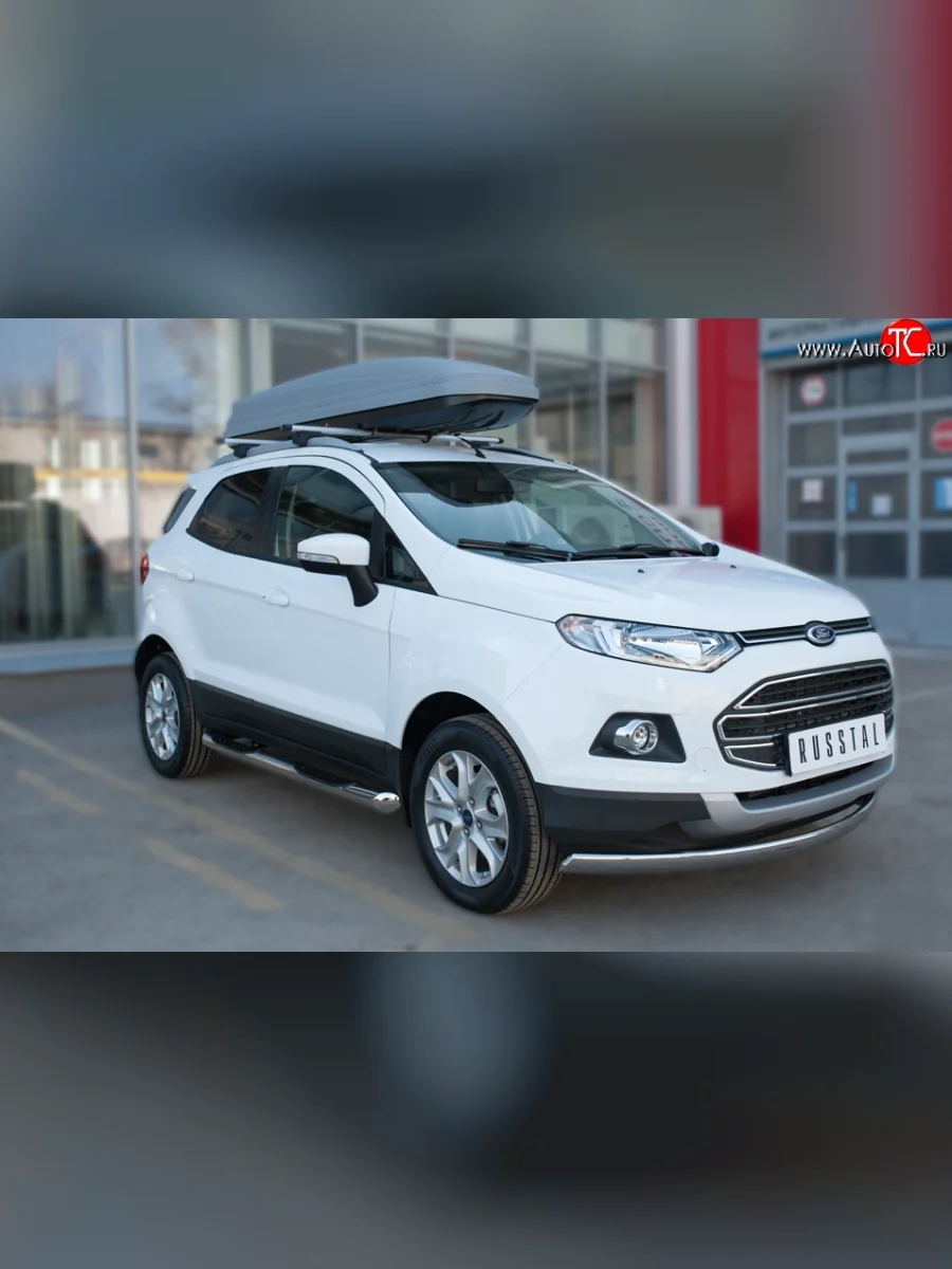 Защита порогов с пластиковыми вставками для ног из круглой трубы диаметром 76 мм Russtal Ford EcoSport дорестайлинг (2013-2019) (Защита порогов с со скосами на торцах (вариант 1))  в Керчи Республика Крым