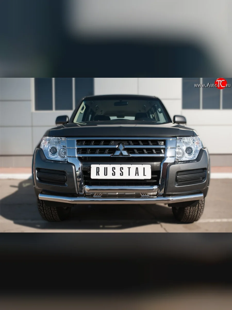 Защита переднего бампера (2 трубыØ63 мм, нержавейка) SLITKOFF Mitsubishi Pajero 4 V90 2-ой рестайлинг (2014-2020)  в Воронеже Воронежской области