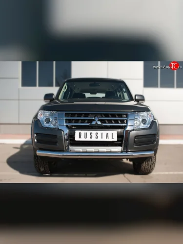 Одинарная защита переднего бампера из трубы с угловатыми сгибами диаметром 76 мм SLITKOFF Mitsubishi Pajero  4 V90 (2014-2020) 2-ой рестайлинг