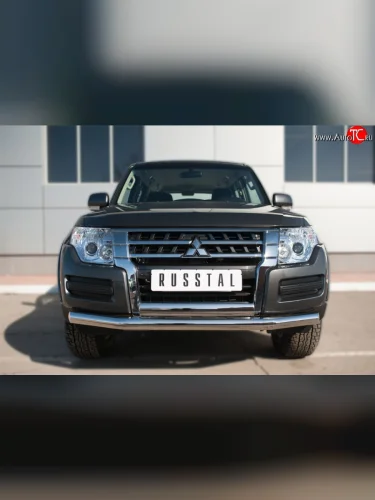 Защита переднего бампера (2 трубы Ø76 и 75х42 мм, нержавейка) Russtal Mitsubishi Pajero 4 V90 2-ой рестайлинг (2014-2020)