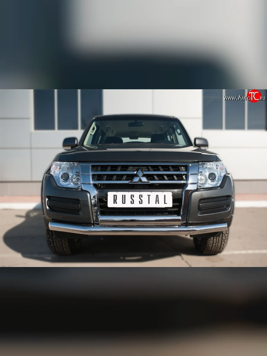 Защита переднего бампера (2 трубы Ø76 и 75х42 мм, нержавейка) Russtal Mitsubishi Pajero 4 V90 2-ой рестайлинг (2014-2020)  в Воронеже Воронежской области
