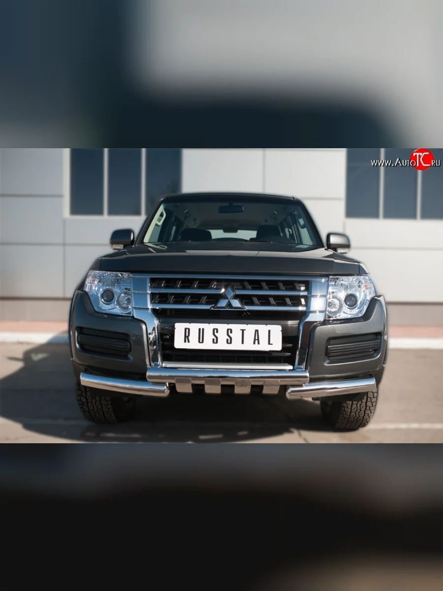 Защита переднего бампера (2 трубы Ø76 мм с зубами, нержавейка) SLITKOFF Mitsubishi Pajero 4 V90 2-ой рестайлинг (2014-2020)  в Воронеже Воронежской области