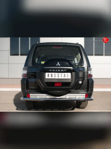 Одинарная защита заднего бампера из трубы с угловатыми сгибами диаметром 63 мм SLITKOFF Mitsubishi Pajero 4 V90 2-ой рестайлинг (2014-2020)