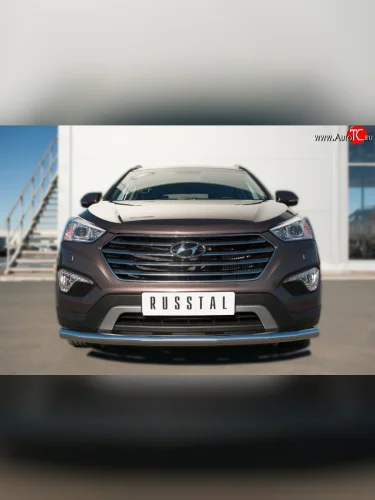 Одинарная защита переднего бампера из трубы с угловатыми сгибами диаметром 63 мм SLITKOFF Hyundai Grand Santa Fe  1 DM (2013-2016) дорестайлинг