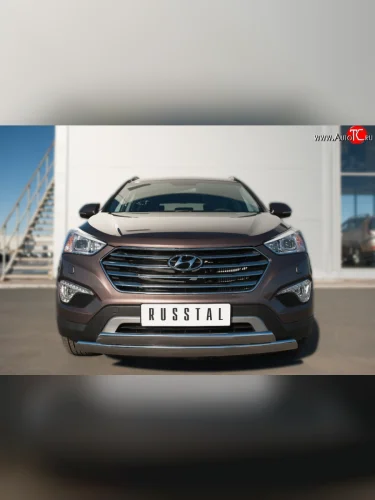Защита переднего бампера (2 трубы&Oslash;75х42 мм, нержавейка) Russtal Hyundai Grand Santa Fe  1 DM (2013-2016) дорестайлинг