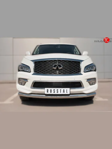 Одинарная защита переднего бампера из трубы с угловатыми сгибами диаметром 76 мм SLITKOFF INFINITI QX80 Z62 1-ый рестайлинг (2014-2018)